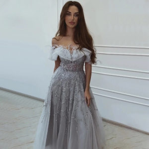 Elegant Off The Shoulder Beads Feathers A-Line Evening Party Gown