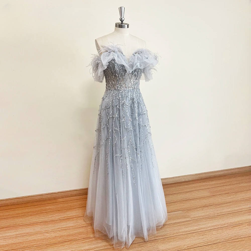 Elegant Off the Shoulder Feather Crystal Evening Party Dress - Image 5
