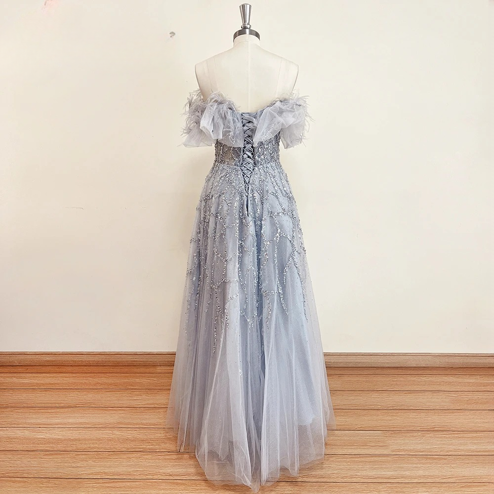 Elegant Off the Shoulder Feather Crystal Evening Party Dress - Image 7