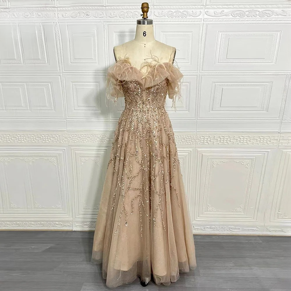 Elegant Off the Shoulder Feather Crystal Evening Party Dress - Image 3
