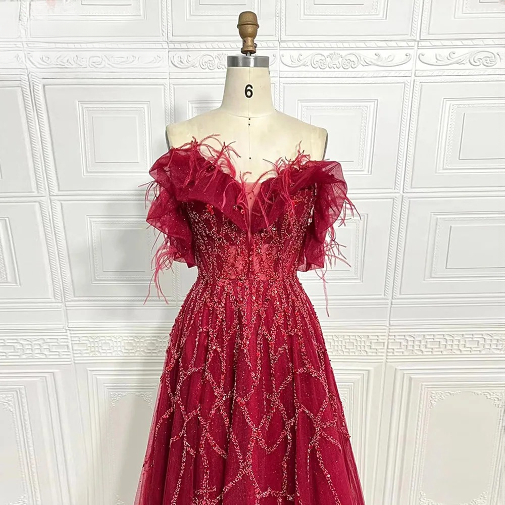Elegant Off the Shoulder Feather Crystal Evening Party Dress - Image 2