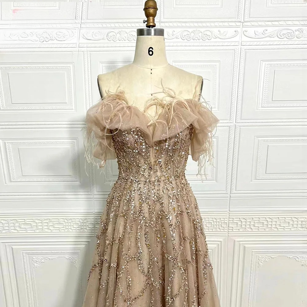 Elegant Off the Shoulder Feather Crystal Evening Party Dress - Image 4