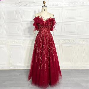 Elegant Off the Shoulder Feather Crystal Evening Party Dress