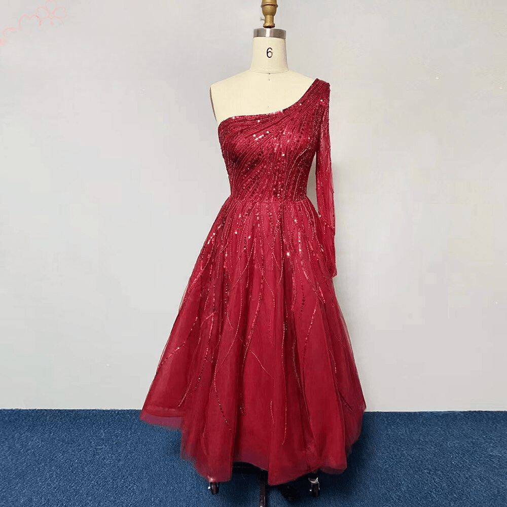 Elegant One Shoulder Aline Beads Evening Night Dresses for Women