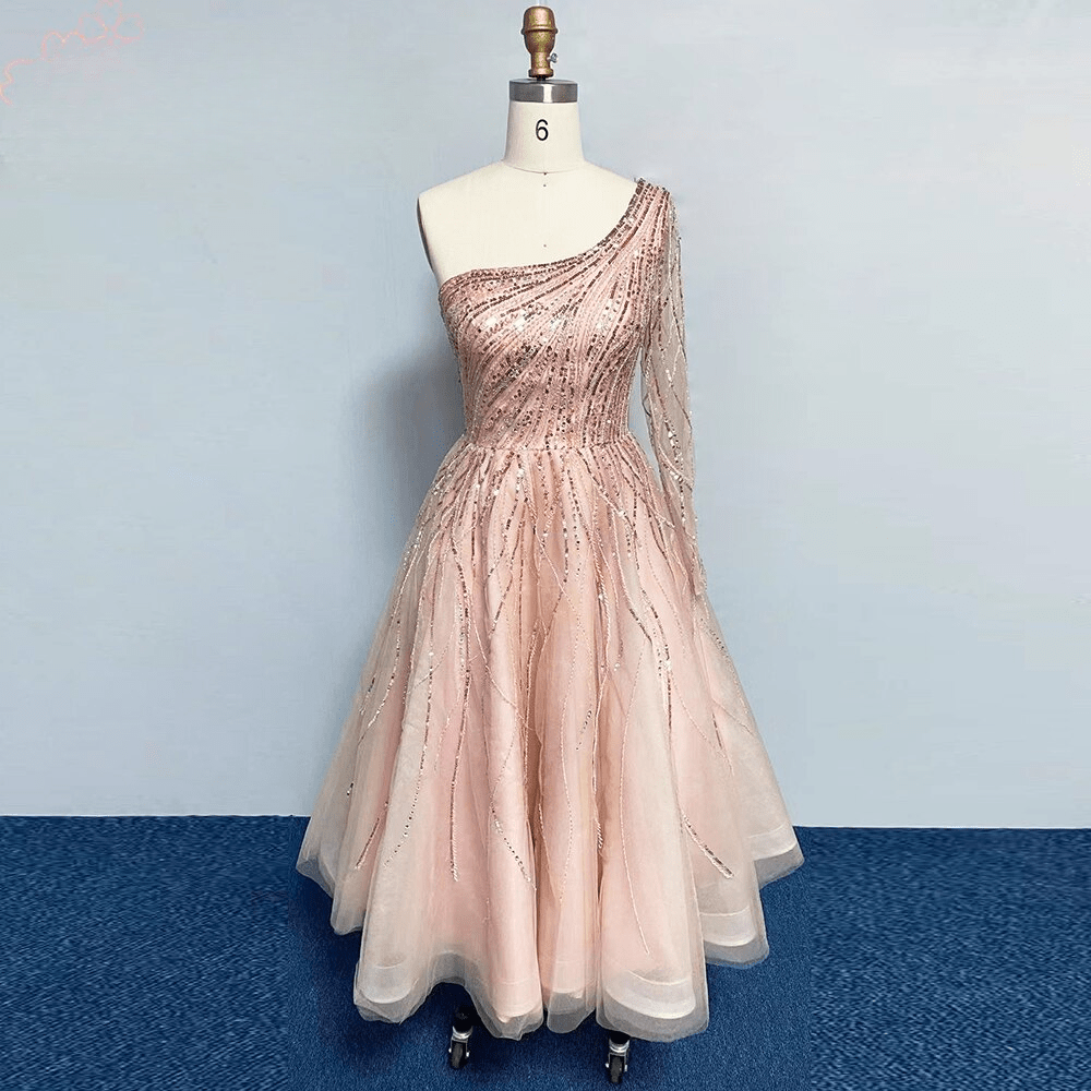 Elegant One Shoulder Aline Beads Evening Night Dresses for Women - Image 3