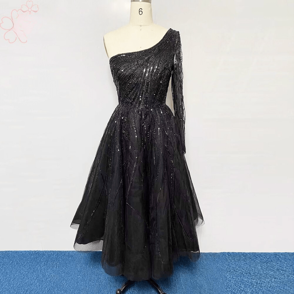 Elegant One Shoulder Aline Beads Evening Night Dresses for Women - Image 5