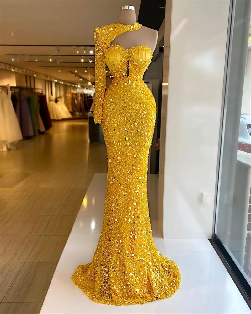 Elegant One Shoulder Beads Sequin Mermaid Evening Party Dress