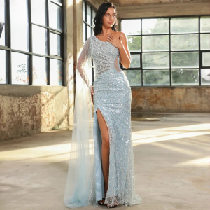 Elegant One Shoulder Beads Sequin Side Slit Mermaid Evening Party Dress