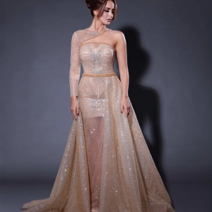 Elegant One Shoulder Glitter Court Train Evening Party Dress