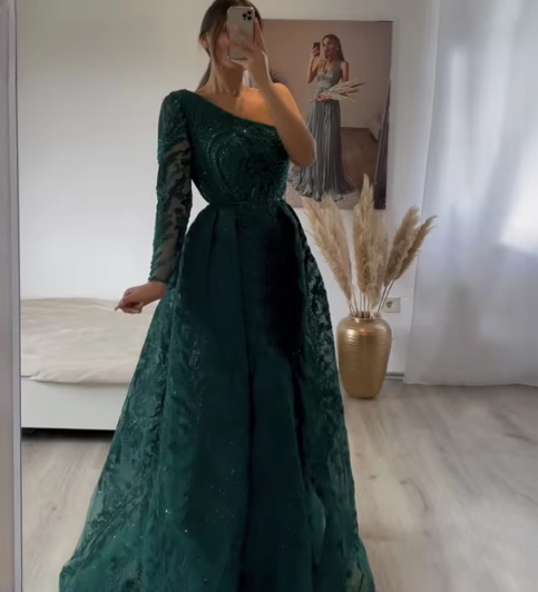 Elegant One Shoulder Long Sleeves Lace Evening Party Dress - Image 5