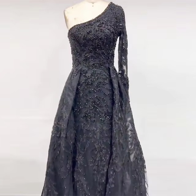 Elegant One Shoulder Long Sleeves Lace Evening Party Dress - Image 9