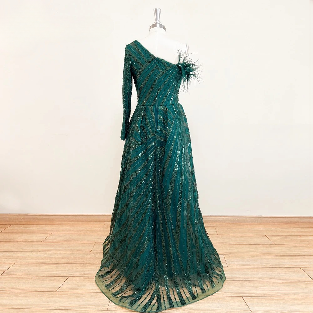 Elegant One Shoulder Mermaid Feather Lace Evening Party Dress - Image 10