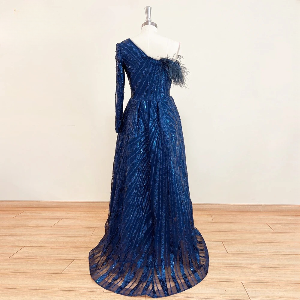 Elegant One Shoulder Mermaid Feather Lace Evening Party Dress - Image 2