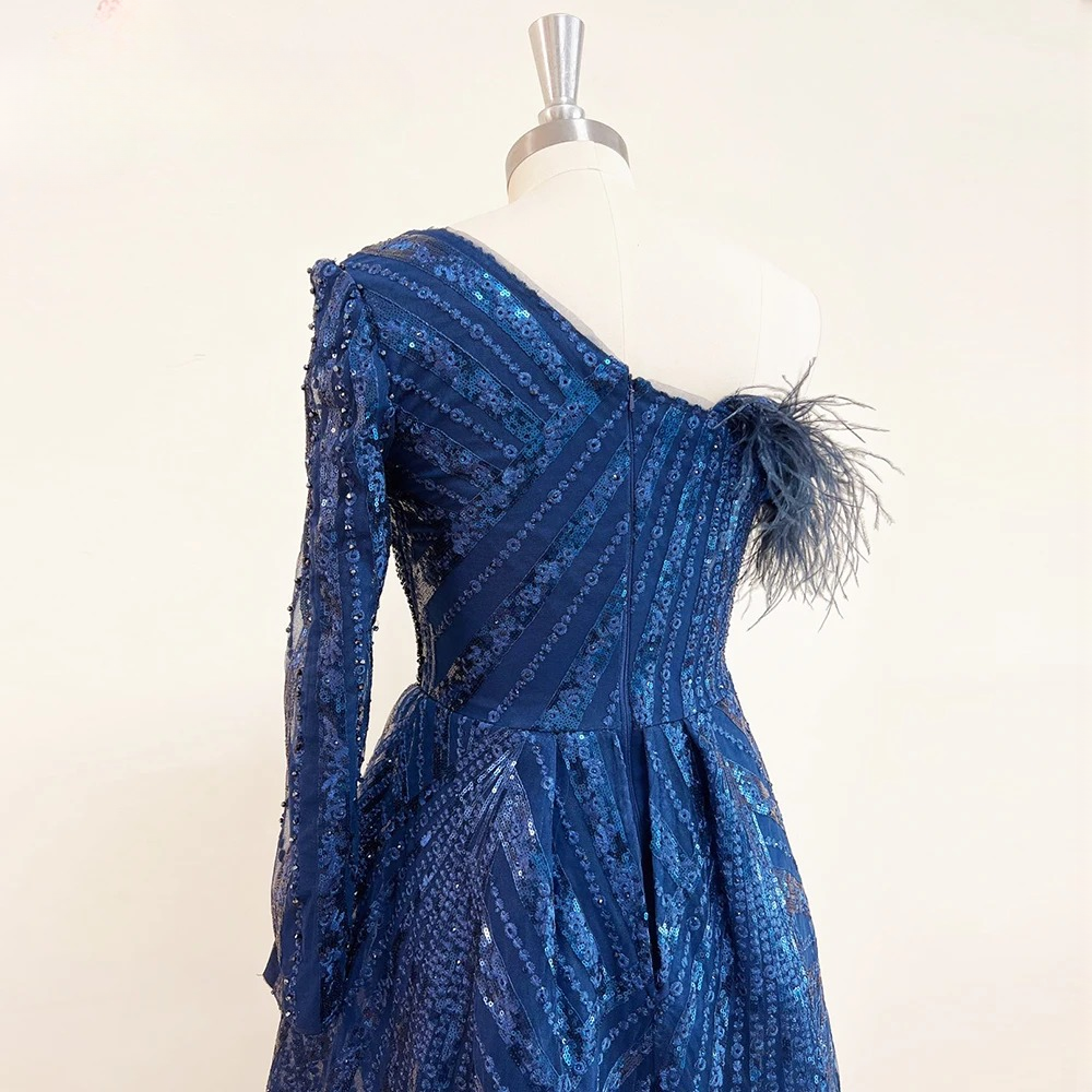 Elegant One Shoulder Mermaid Feather Lace Evening Party Dress - Image 4