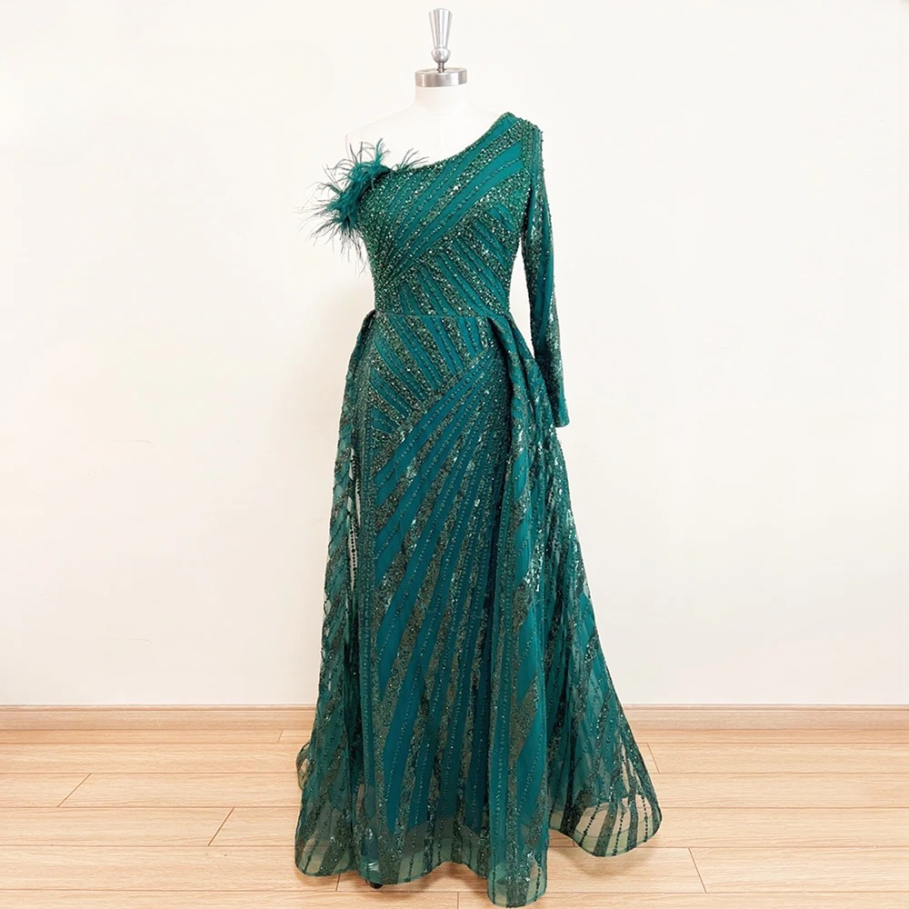 Elegant One Shoulder Mermaid Feather Lace Evening Party Dress - Image 9