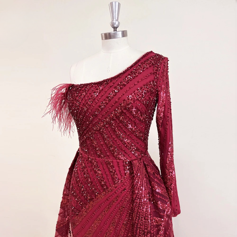 Elegant One Shoulder Mermaid Feather Lace Evening Party Dress - Image 7