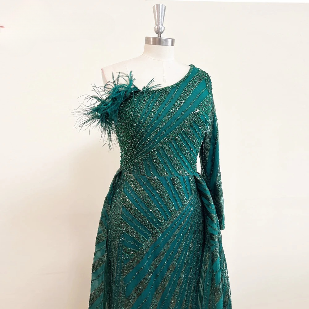 Elegant One Shoulder Mermaid Feather Lace Evening Party Dress - Image 11