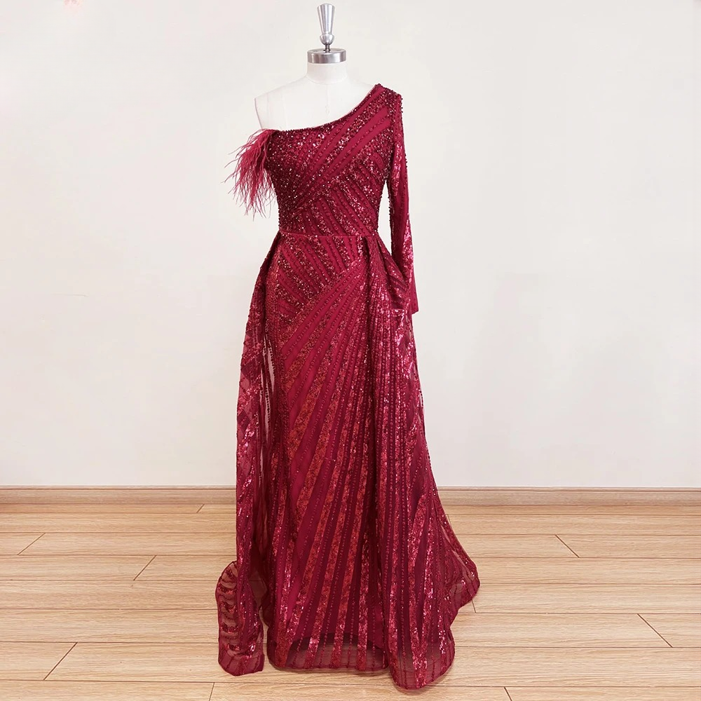 Elegant One Shoulder Mermaid Feather Lace Evening Party Dress - Image 5