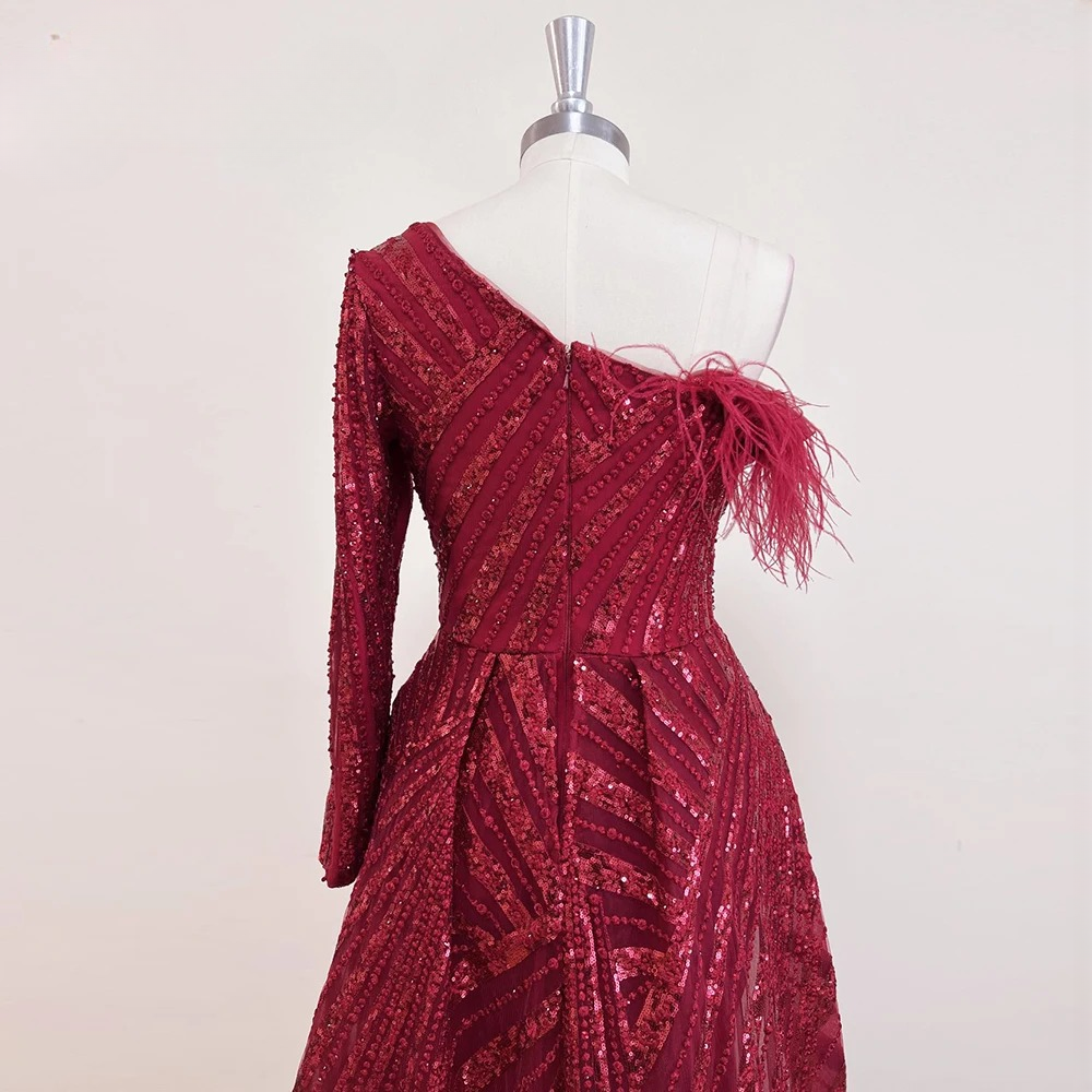 Elegant One Shoulder Mermaid Feather Lace Evening Party Dress - Image 8