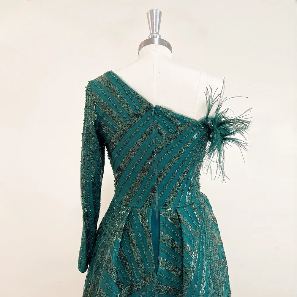 Elegant One Shoulder Mermaid Feather Lace Evening Party Dress - Image 12