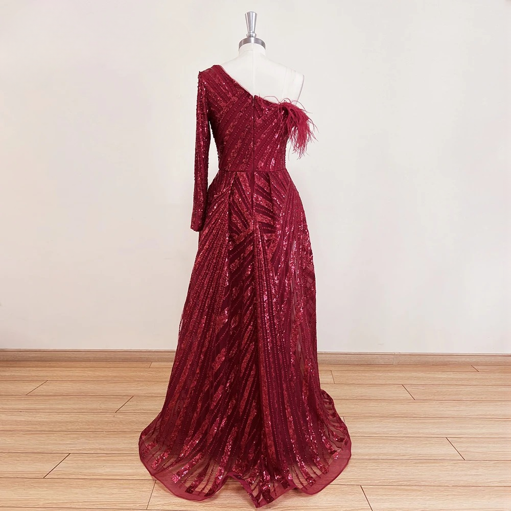 Elegant One Shoulder Mermaid Feather Lace Evening Party Dress - Image 6