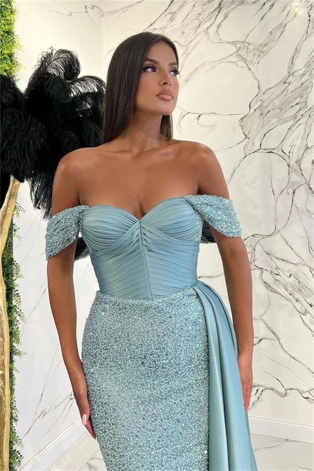 Elegant Sequin Beads Off Shoulder Mermaid Evening Party Dress - Image 2