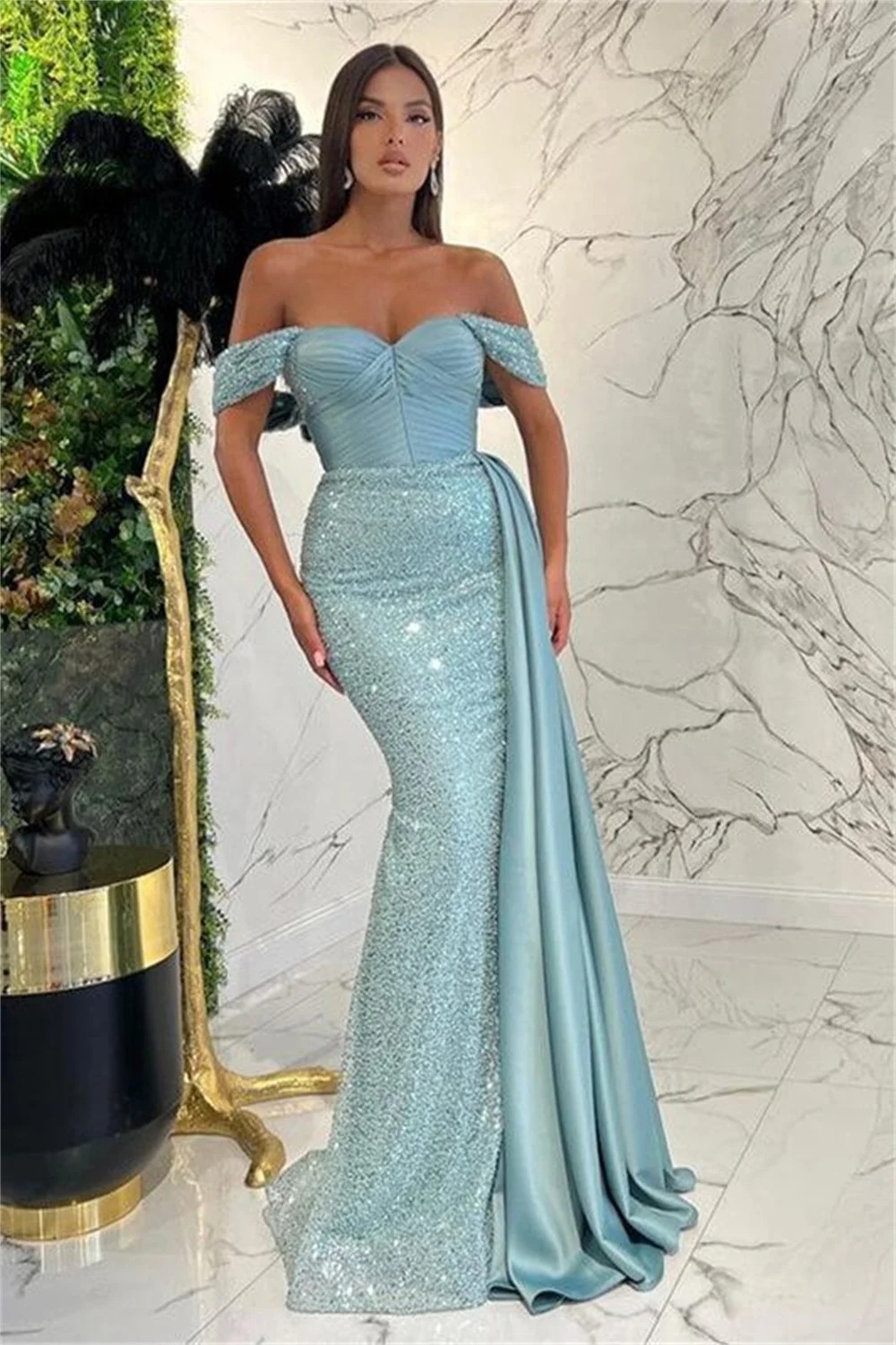 Elegant Sequin Beads Off Shoulder Mermaid Evening Party Dress