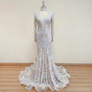 Elegant Sequin Mermaid Evening Long Sleeves Formal Wedding Prom Party Gown