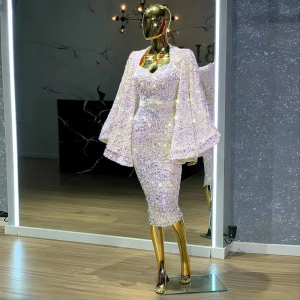 Elegant Sequin Velvet Flared Sleeves Mermaid Evening Party Dresses