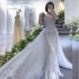 Elegant Silver V Neck Crystal Sequin Long Sleeves Evening Party Dress