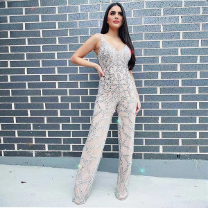 Elegant Sleeveless Mermaid V-Neck Beads Jumpsuit