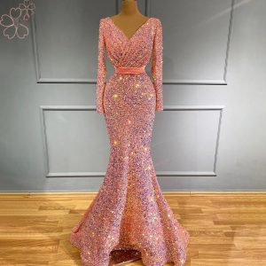 Elegant Sparkle Sequin V Neck Long Sleeves Formal Wedding Prom Party Gowns