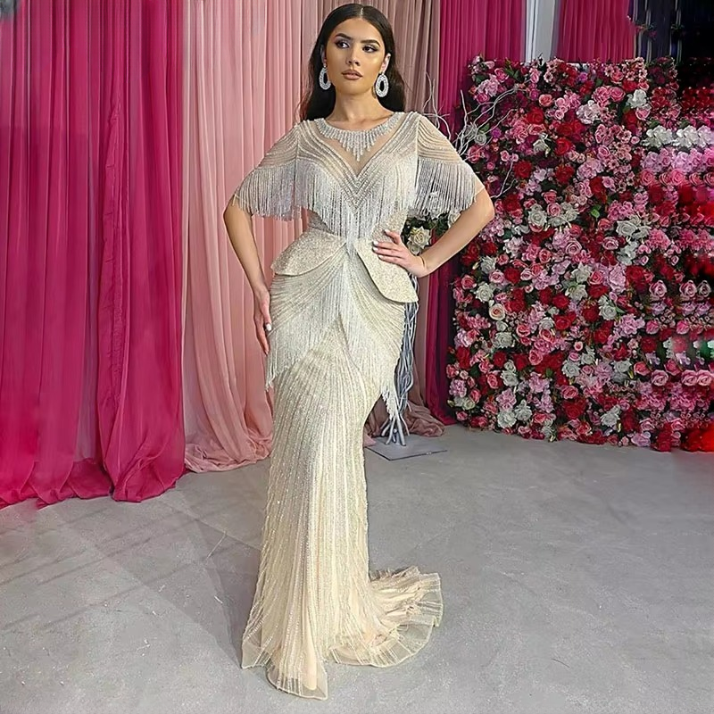 Elegant Tassel Beads Mermaid Half Sleeves Evening Party Dress