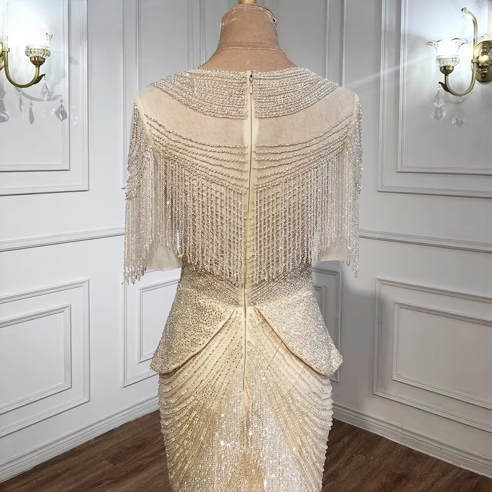 Elegant Tassel Beads Mermaid Half Sleeves Evening Party Dress - Image 7