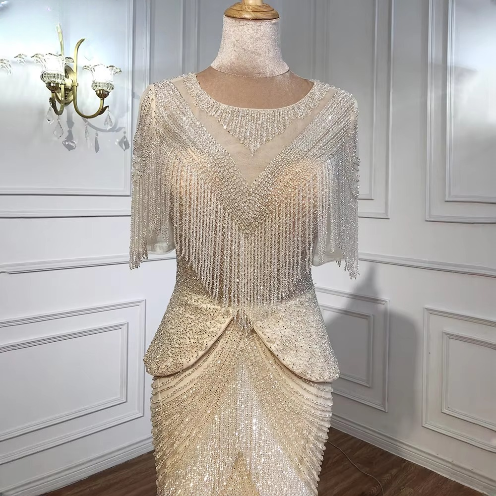 Elegant Tassel Beads Mermaid Half Sleeves Evening Party Dress - Image 6