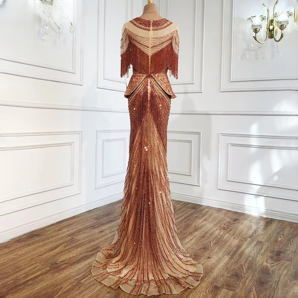 Elegant Tassel Beads Mermaid Half Sleeves Evening Party Dress - Image 9