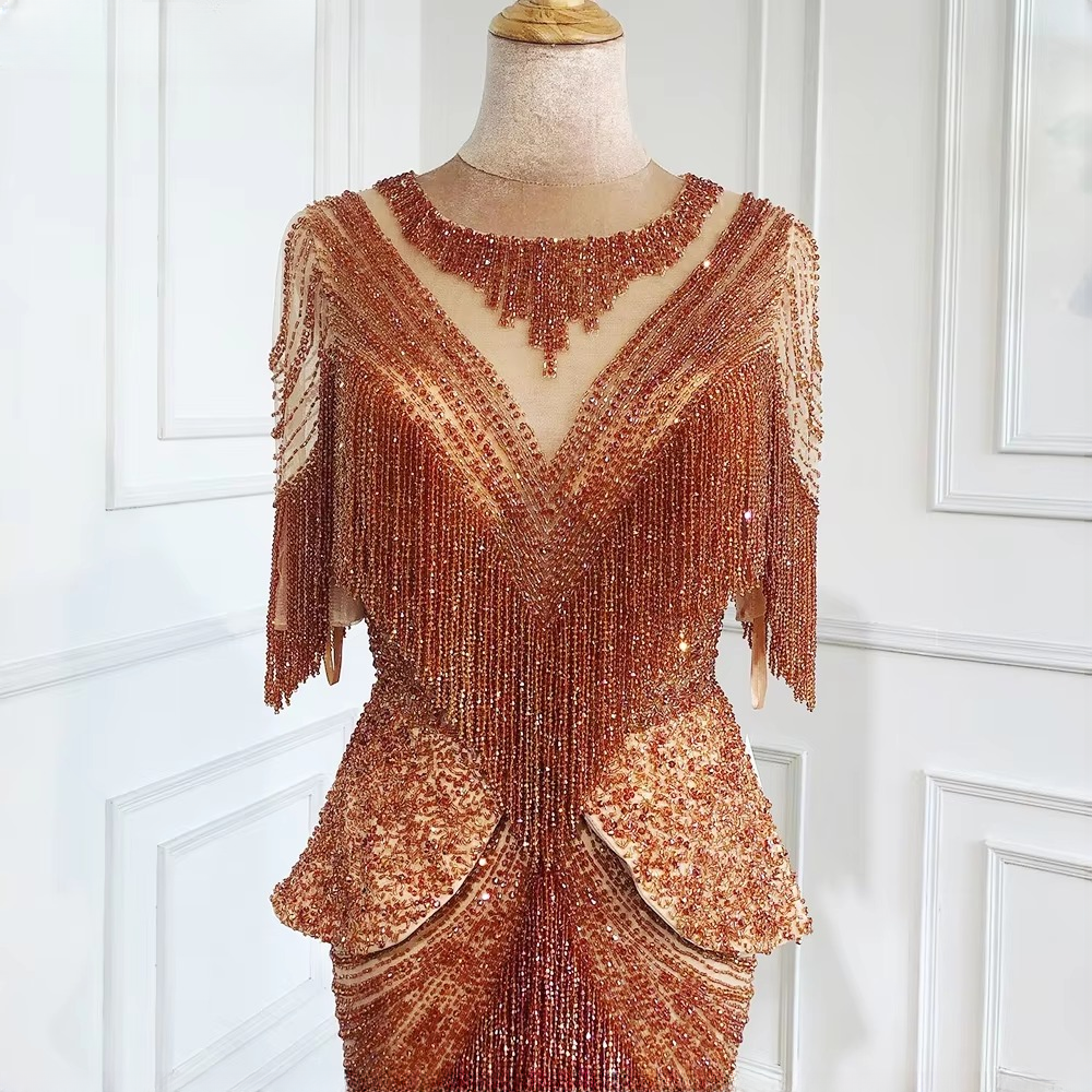 Elegant Tassel Beads Mermaid Half Sleeves Evening Party Dress - Image 10