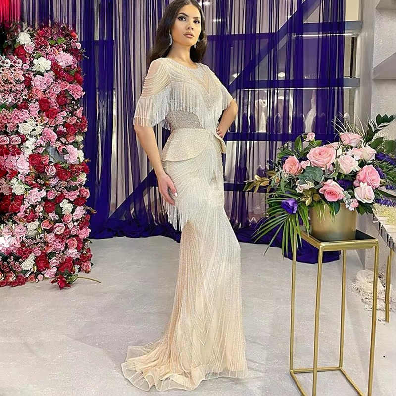 Elegant Tassel Beads Mermaid Half Sleeves Evening Party Dress - Image 2