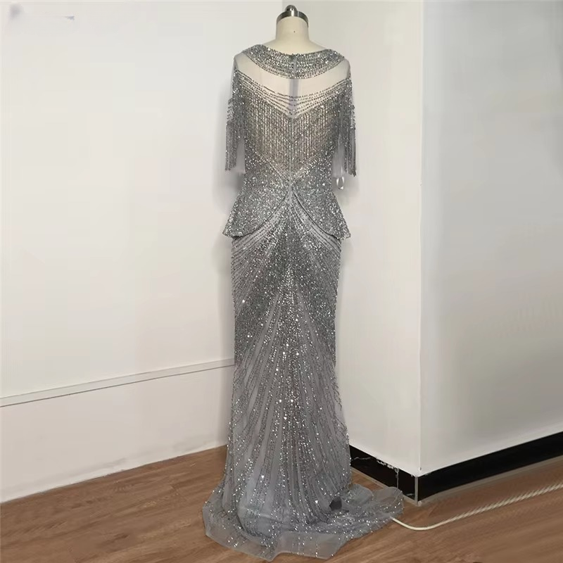 Elegant Tassel Beads Mermaid Half Sleeves Evening Party Dress - Image 19