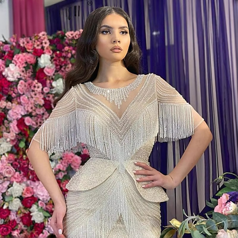 Elegant Tassel Beads Mermaid Half Sleeves Evening Party Dress - Image 3