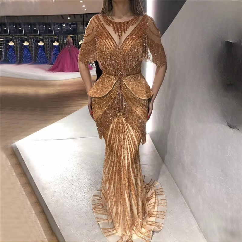 Elegant Tassel Beads Mermaid Half Sleeves Evening Party Dress - Image 8