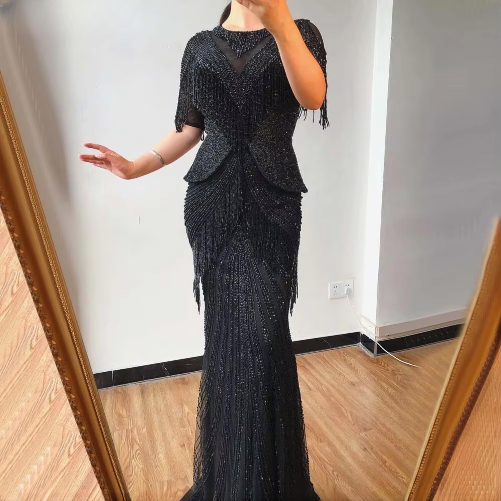 Elegant Tassel Beads Mermaid Half Sleeves Evening Party Dress - Image 12