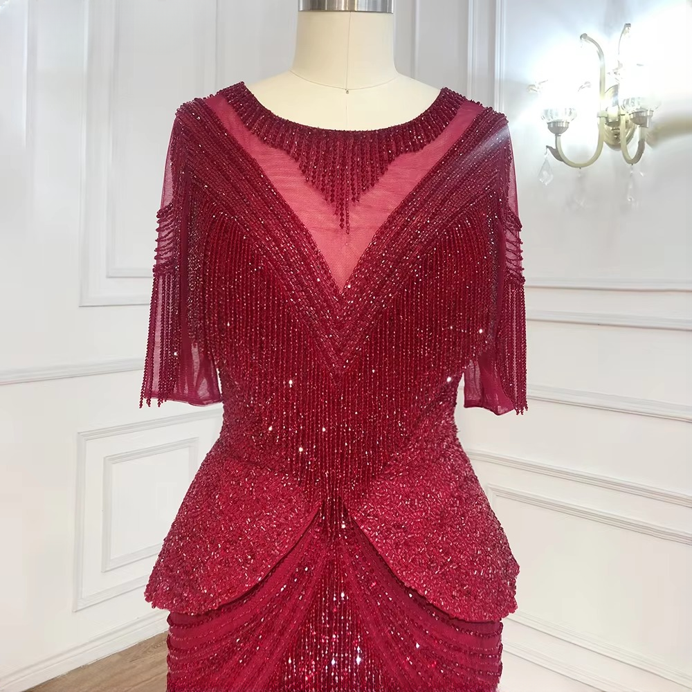 Elegant Tassel Beads Mermaid Half Sleeves Evening Party Dress - Image 16