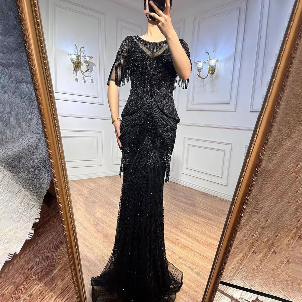 Elegant Tassel Beads Mermaid Half Sleeves Evening Party Dress - Image 13
