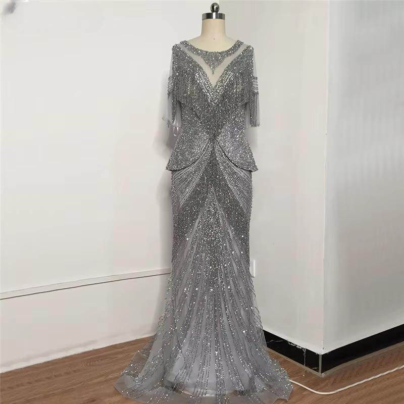 Elegant Tassel Beads Mermaid Half Sleeves Evening Party Dress - Image 18