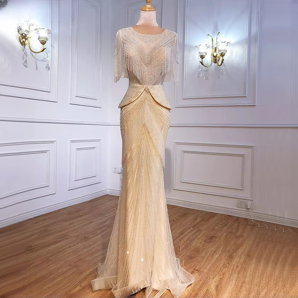 Elegant Tassel Beads Mermaid Half Sleeves Evening Party Dress - Image 4