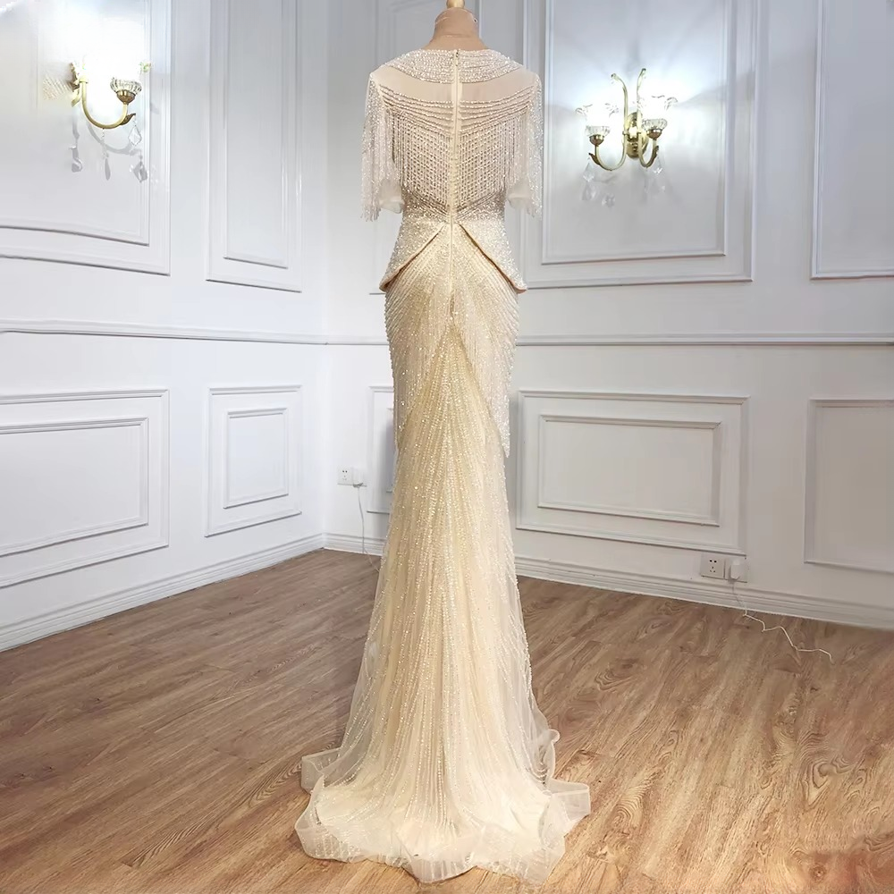 Elegant Tassel Beads Mermaid Half Sleeves Evening Party Dress - Image 5