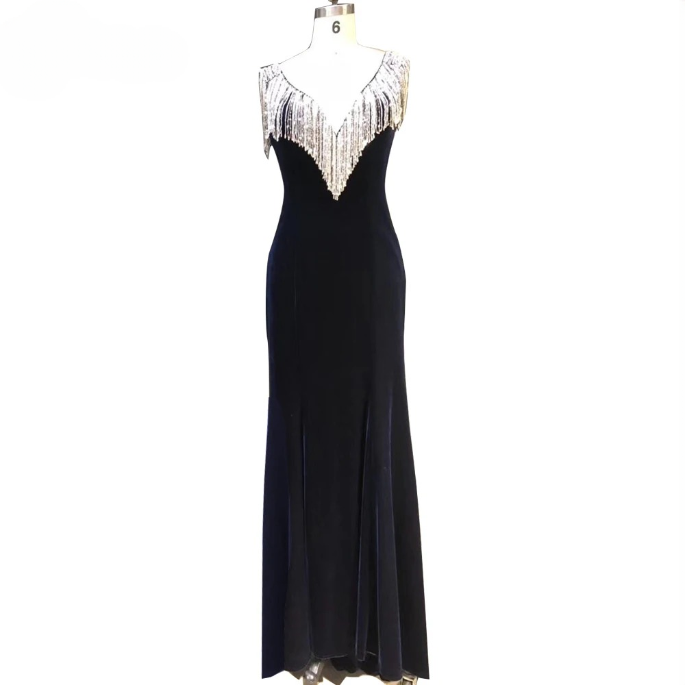 Elegant Tassels Velvet V-Neck Mermaid Evening Party Dress - Image 3