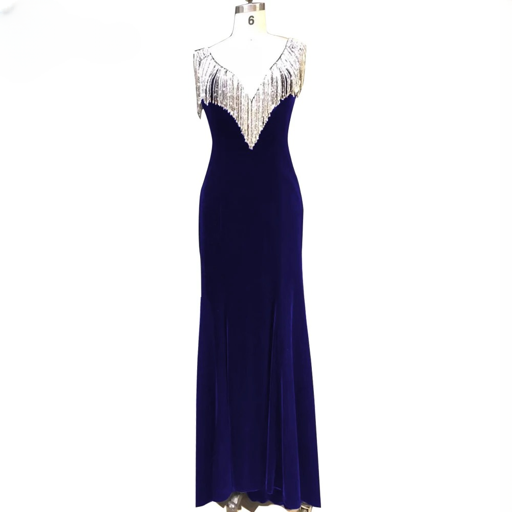 Elegant Tassels Velvet V-Neck Mermaid Evening Party Dress - Image 5