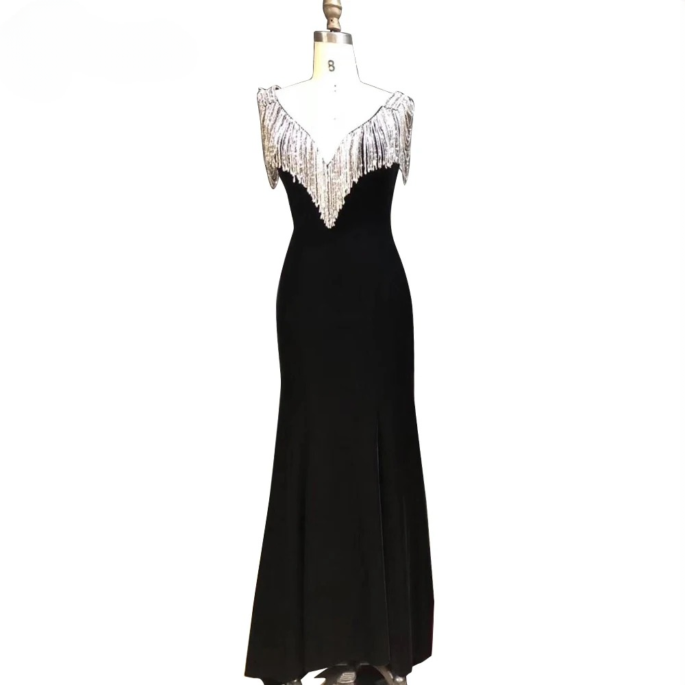 Elegant Tassels Velvet V-Neck Mermaid Evening Party Dress - Image 4